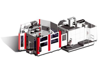 Flexible RS 4 manufacturing system is adapted to a 5-axis C 50 U dynamic machining centre (also possible for 2 machines)