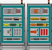 Darstellung der Verlustleistungsverteilung in einem Schaltschrank / Links: Schrank in gewöhnlicher Ansicht  / Rechts: Anzeige der Verlustleistungsverteilung: Die Einfärbung der Komponenten entspricht der ihrer Verlustleistungsdichte – rot dargestellte Komponenten sind bevorzugt zu kühlende Komponenten (Quelle: Eplan Software & Service GmbH & Co. KG)