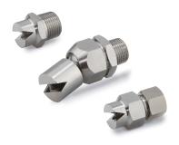 Die Breitstrahl-Sprühdüse der Serie IN-255-1### in drei Ausführungen ist in zahlreichen Anwendungen zur Reinigung und Kühlung sowohl mit Luft als auch mit wässrigen Medien einsetzbar (Foto: SMC Deutschland GmbH)