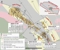 Abbildung 1. Übersichtskarte des Korridors von Jons Trend und Big Berg mit Kennzeichnung der Oberflächenexpression der mineralisierten Zonen und der jüngsten Bohrlochansätze.