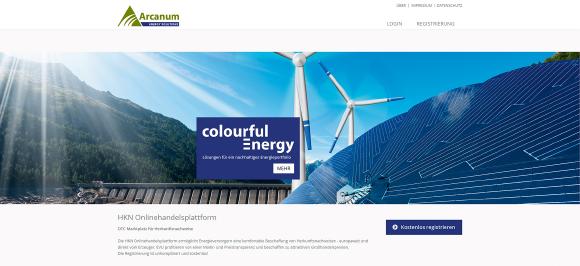Ansicht der Startseite der HKN-Handelsplattform von Arcanum Energy Solutions GmbH