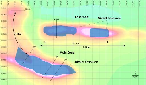 Abbildung 1 - Draufsicht Nickelressourcen Hauptzone & Ostzone, Nickel-Kobaltsulfid-Projekt Crawford, Ontario