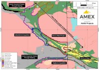 Abbildung 1: Geologische Karte des Grünsteingürtels Normétal-Burntbush, der an die Deformationszone Casa Berardi angrenzt, mit den Projekten Perron und Perron West sowie dem kürzlich erworbenen und abgesteckten Gebiet von Amex