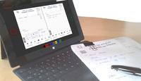 Rechts die handschriftlichen Notizen mit dem PxDigiStift© auf dem Papier, rechts auf dem Surface die 1:1 Übertragung des Geschriebenen zur sofortigen Archivierung, Mailweiterleitung oder Bearbeitung in der Textverarbeitung.
