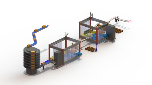 Das Anlagenlayout einer zweistufigen SOMIC-Verpackungslinie in Lino 3D layout. Durch die frei wählbaren und zoombaren Ansichten ist das Zusammenspiel der Tray- und der Wrap-Around-Sammelpacker gut zu erkennen / Bildrechte: © SOMIC Verpackungsmaschinen GmbH & Co. KG