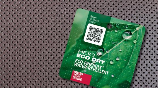 HeiQ Eco Dry hangtag on PFC-free water-repellent finished leather