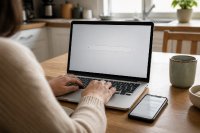 Person am Küchentisch tippt einen Markennamen in eine Suchleiste. Eine Person sitzt am Küchentisch vor einem Notebook und tippt einen Suchbegriff in eine leere Suchleiste, daneben liegt ein Smartphone mit geöffnetem Chatfenster. Symbolbild zur Wirkung von KI-Empfehlungen auf die spätere Markensuche. Bild KI-generiert