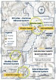 Abbildung 1 Das Whistler-Projekt umfasst drei Gold-±-Kupfer-±-Silber-Mineralsysteme: Whistler–Raintree umfasst die derzeit abgegrenzten Lagerstätten Whistler und Raintree; Island Mountain umfasst die gleichnamige Goldlagerstätte sowie mehrere weitere, noch nicht bebohrte Ziele; und Muddy Creek birgt das Potenzial für die Entdeckung eines intrusivbezogenen Goldsystems
