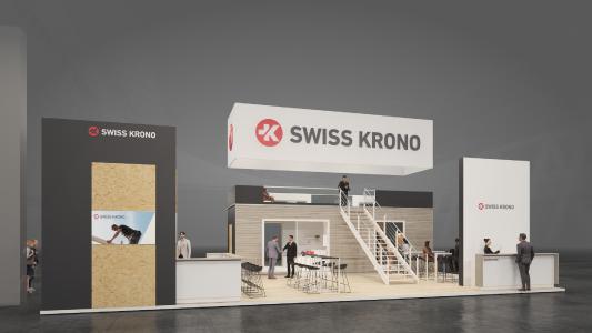 Vorschau auf den SWISS KRONO Messestand mit MAGNUMBOARD® OSB-Modul (Bildnachweis: Kohlhaas Messebau)