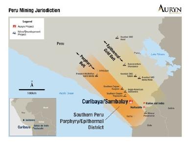 Figure 1: Illustrates the position of the Curibaya project with respect to the large copper porphyry mines in Southern Peru