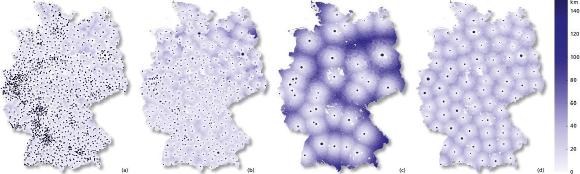 Verteilung der Impfzentren, je nach Szenario; die Gemeinden sind je nach Entfernung zum zugehörigen Impfzentrum gefärbt. Die Größe der Marker für Impfzentren ist abhängig von der Anzahl zu impfender Patienten / Bild: © Fraunhofer ITWM
