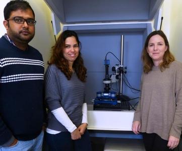 Die Studenten Dr. Priyadip Das und Sivan Yuran, sowie ihre Betreuerin Dr. Meital Reches, mit dem JPK NanoWizard® 3 AFM System an der Hebräischen Universität Jerusalem