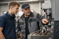 Ein Auszubildender und ein erfahrener Facharbeiter stehen nebeneinander an einer Maschine. Der erfahrene Mitarbeiter erklärt etwas ruhig und zeigt auf ein Detail. Der Azubi schaut aufmerksam und konzentriert, nicht überfordert.