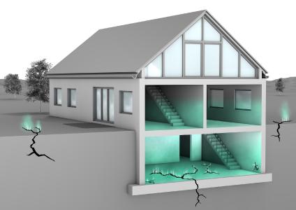 Grafik 1 Radoneintritt in ein Wohnhaus: Radon ist ein krebserregendes Gas, das über undichte Fundamentbodenplatten, Risse im Mauerwerk oder über Kabel- und Rohrdurchführungen in Gebäude gelangen kann und sich in der Raumluft anreichert