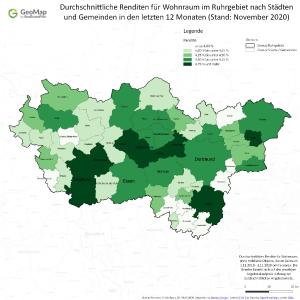 Durchschnittliche Renditen für Wohnraum im Ruhrgebiet nach Städten und Gemeinden in den letzten 12 Monaten.