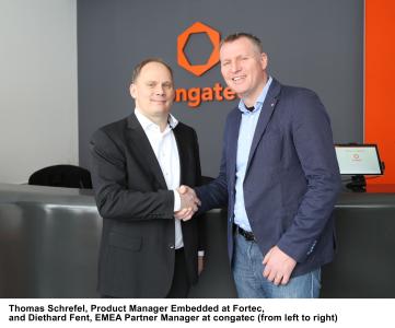 Thomas Schrefel, Product Manager Embedded at Fortec (left) and Diethard Fent, EMEA Partner Manager at congatec (right), are pleased about the sales partnership