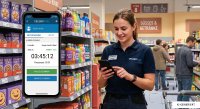 Digitale Zeiterfassung direkt am Einsatzort: Eine Mitarbeiterin erfasst ihre Arbeitszeit per App im Supermarkt.