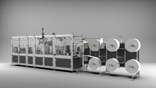 Diese Maschine produziert bis zu 72.000 FFP Masken pro Tag. Für die Sicherheit an der Maschine selbst sorgt Sicherheitstechnik von BERNSTEIN.