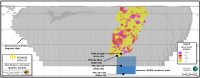 Abbildung 1: Blockmodell der Zone Lion, überlagert von einer 3D-Inversion eines aeromagnetischen Hochs – Bohrlöcher nach vertikaler Tiefe (VD) gekennzeichnet