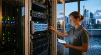Ein (künstlicher,) ruhiger Blick in ein modernes Rechenzentrum. Im Vordergrund steht eine IT-Expertin im grauen goneo-Poloshirt mit dezentem Logo. Sie blickt konzentriert auf ein Server-Rack und überprüft mit einer Hand die Hardware, während sie in der anderen Hand ein Tablet mit Leistungsdiagrammen hält. Auf einem der Server-Einschübe ist die klare Aufschrift „GONEO SERVER – FRANKFURT DATA CENTER“ zu sehen.