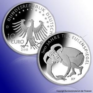 Bekanntestes Erkennungszeichen Eulenspiegels: Die mit Schellen besetzte Narrenkappe ist auch auf der neuen 10 Euro-Gedenkmünze verewigt. Bild: Bundesministerium der Finanzen