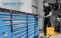 72 STUNDEN. ROBUST. SCHNELL. Sommer-Special von Juli bis einschließlich September 2026 für alle Schubladenschränke der Serie T736 in der Farbkombination RAL 7035/5012 aus dem Special- und Hauptkatalog.