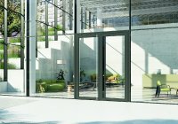 Die bautiefenübergreifende Türsystemplattform Schüco AD UP beweist, dass sich durch intelligente Konstruktionsprinzipien Stabilität und Wärmedämmung vereinen lassen. / Bildnachweis: Schüco International KG