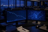Zwei nebeneinanderstehende Monitore in einem sonst leeren Handelsraum, links ein fallender Kursverlauf, rechts eine Netzwerkgrafik aus verbundenen Knoten, davor eine Tastatur und ein Notizblock. Symbolbild zur Verflechtung von Kryptomärkten mit dem klassischen Finanzsystem.