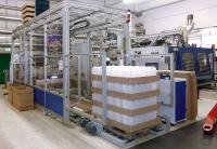 Packanlage S-PACK-PAL-T von Steffes zum Sammeln, Packen und Palettieren von Hohlkörpern verschiedenster Art, realisiert aus Aluminiumprofilen und Fördertechnik von mk