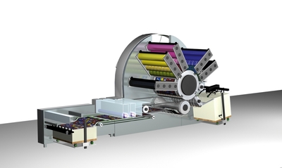 3D view of the Genius 52UV with the five waterless anilox short inking units arranged in a star shape around a common four times as large counter pressure cylinder