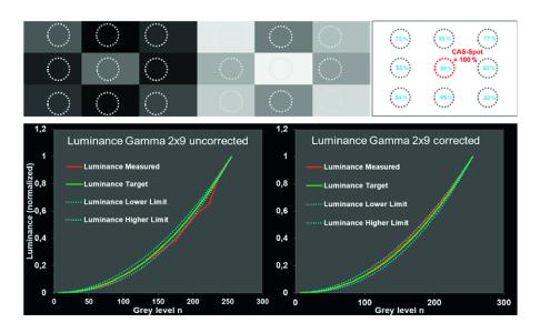 Top row: Luminance images with 9 different levels of grey for a two-shot gamma measurement. Top row right: White luminance image used for correction of spatial luminance deviations. Bottom row: Luminance values versus grey levels measured with the two-shot approach. After correction of the grey values with the white luminance picture, the electro-optical transfer function of the measured display lays well within the tolerance band (dotted blue line) as requested by the OEMs