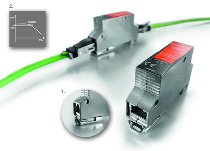 Weidmüller VARITECTOR DATA CAT6: Surge voltage protection device for Ethernet applications. Detail 1: A robust metal foot provides the safe discharge. Detail 2: With an increased limit frequency of 250 MHz, the surge voltage protection is ideally suited to 1GBASE-T applications.