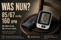 Die Infografik „Was nun?“ zeigt ein Blutdruckmessgerät auf einem Stuhl mit den Werten 85/67 mmHg und 160 BPM um 14:32 Uhr. Botschaft: ‚Der Wert ist da. Die Antwort nicht.‘ – morgen beim Arzt vielleicht nicht mehr nachweisbar. Unten: Der Einzelwert zeigt, dass etwas passiert ist; erst der Pulsdruckrhythmus zeigt, was passiert ist. Fazit (Redtel/bper.me): Ereignisse dokumentieren, Ursachen erkennen, Leben schützen.