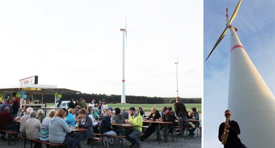 Saxophone, food and drink against a 22 MW turbine backdrop