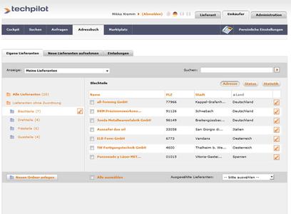 Lieferantenmanagement im technischen Einkauf: Techpilot erlaubt jetzt, Lieferanten im Adressbuch ganz individuell zu organisieren, beispielsweise nach Warengruppen.