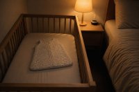 Leeres Gitterbett mit straff gespanntem Laken und einem zusammengelegten Babyschlafsack. Ein schlichtes Gitterbett aus hellem Holz steht neben einem Elternbett in einem gedämpft beleuchteten Schlafzimmer, die Matratze ist mit einem straff gespannten Laken bezogen, darauf liegt nur ein zusammengelegter Babyschlafsack, kein Kissen und keine Decke. Symbolbild für einen sicheren Säuglingsschlaf.