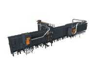 The shot blast machine for the continuous blast-cleaning of welding assemblies is integrated into the overall manufacturing line. Manual touchup blasting of particularly complex surface areas can be done in a blast room located behind the outlet chamber of the shot blast machine. The thrown blast media from the blast room is transferred to the media cleaning system of the shot blast machine