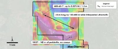 Abbildung 5 - Draufsicht auf die MacDiarmid-Liegenschaft - Historische Bohrungen mit Überlagerung der gesamten magnetischen Feldstärke, MacDiarmid Township, Ontario