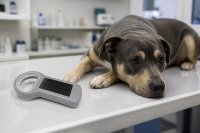 Handlesegerät für Mikrochips auf einem Behandlungstisch neben einem ruhig liegenden Hund - Auf einem hellen Behandlungstisch liegt ein kleines graues Handlesegerät mit dunklem Display, daneben ruht ein mittelgroßer kurzhaariger Hund mit gesenktem Kopf, im Hintergrund unscharfe Regale einer Tierarztpraxis. Symbolbild zur Kennzeichnung und Registrierung von Hunden und Katzen. Bild KI-generiert
