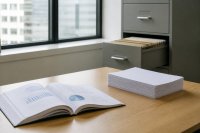 Ein Besprechungstisch aus hellem Holz mit einem aufgeschlagenen gedruckten Geschäftsbericht, daneben ein geöffneter Aktenschrank mit beschrifteten Hängeregistern und ein Stapel Kennzahlenblätter im Gegenlicht eines Fensters. Symbolbild zur Nachhaltigkeitsberichterstattung nach der Omnibus-Richtlinie.