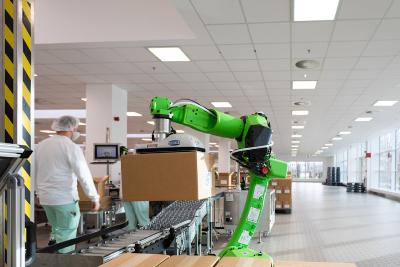 Der grünen Fanuc Roboter befördert die Pakete von der Rollenbahn auf und stapelt diese auf eine Palette.