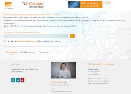 Webportal_TLS-Checklist-Inspector_von_achelos_testet_Sicherheit_von_Websites.png Das TLS Checklist Portal (www.tls-check.de) von achelos ist nun als Prüftool beim BSI gelistet. Diensteanbieter prüfen über diese Webportallösung kostenfrei die Sicherheit ihrer Internetseiten gemäß BSI-Checkliste. (Foto: achelos GmbH)