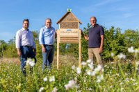 Kommunalbetreuer Mario Auls und WEMAG-Vertriebsleiter Michael Hillmann überreichen dem Bürgermeister der Gemeinde Uelitz, Klaus-Otto Meyer (v.l.), an der neu angelegten Blühwiese ein Insektenhotel. Foto: WEMAG/Stephan Rudolph-Kramer