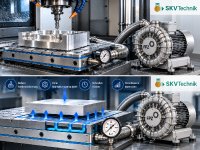 Vakuum-Spanntische ermöglichen die Fixierung von Werkstücken bei der CNC-Bearbeitung. Die Abbildung zeigt beispielhaft, wie ein FPZ-Seitenkanalverdichter den erforderlichen Unterdruck erzeugt. SKVTechnik erläutert die Vorteile der Vakuumspannung für eine sichere Werkstückfixierung, präzise Bearbeitung und kurze Rüstzeiten.

Bildhinweis: KI-generierte, schematische Anwendungsdarstellung. Die gezeigte Anlagenkonfiguration ist nicht als technisch geprüfte Kombination zu verstehen.