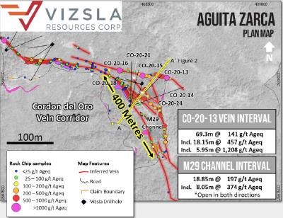 Quelle: Vizsla Resources / Draufsicht des Prospektionsgebietes ‚Aguita Zarca‘ mit Bohrlochpositionen, kartierter Geologie und übertägiger Probenahmestellen