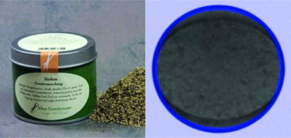 Original spice can / X-ray photo with edge filter function: the blue area will be checked for impurities with a lower sensitivity, all other areas with a higher sensitivity.
