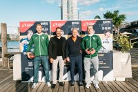 v.l.n.r.: Mathias Gidsel (Füchse Berlin), Dirk Trautmann (Sportfive), Christoph Ritzkat (Kieback&Peter), Nils Lichtlein (Füchse Berlin)