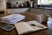 Auf einem Küchentisch liegt ein Stapel ungeöffneter Briefumschläge mit Fensterfeld, daneben ein Taschenrechner, ein aufgeschlagenes leeres Haushaltsbuch, ein Kugelschreiber und eine halb geleerte Tasse Kaffee, im Hintergrund unscharf eine Küchenzeile. Symbolbild zu Verbraucherinsolvenzen und zur Überschuldung privater Haushalte.