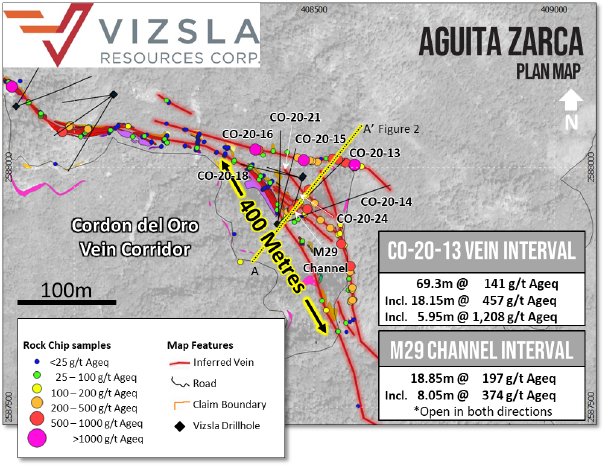 Figure 1 Plan view of the Aguita Zarca prospect with drill hole locations labelled, mapped .png