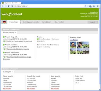 Dashboard des CMS web://content für Kommunen